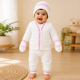 6 PCS Flower Pink & Ivory Premium Knitted Winter Head to bottom Clothing Set for Baby