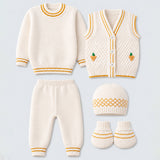 6 PCS Grape  Brown & Ivory Premium Knitted Winter Head to bottom Clothing Set for Baby
