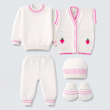 6PCS Grape Pink &  Ivory Premium Knitted Winter Clothing Set for Baby