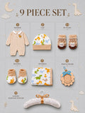 9 Pcs Beige Animals print Newborn Baby All Season Wear, Net Gift Hamper set, 0-6 months