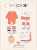 9 Pcs Peach Fishy Print Newborn Baby All Season Wear, Net Gift Hamper set, 0-6 months