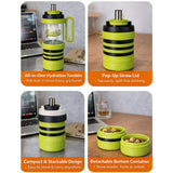 Green Black 4 in one Water Bottle, infuser & mini snack box for teens and Adults, 1000ml