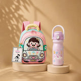2 Pcs Pink Car Backpack & Purple Stainless Steel Water Bottle Rakhi Gift Combo for Kids with Free Rakhi & Jute Drawstring Bag