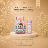 2 Pcs Pink Car Backpack & Purple Stainless Steel Water Bottle Rakhi Gift Combo for Kids with Free Rakhi & Jute Drawstring Bag