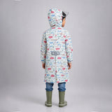 Cream Vintage Car Print Knee-Length Raincoat for Kids