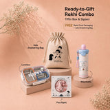 2 Pcs Doggy Water Bottle & Orange Stainless Steel Lunch Box Rakhi Gift Combo for Kids with Free Rakhi & Jute drawstring bag