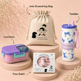 2 Pcs Purple Bow Tumbler & Purple Lunch Box Rakhi Gift Combo for Kids with Free Rakhi and Jute Drawstring Bag