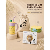 2 Pcs Green Tumbler & Bread Style Lunch Box Rakhi Gift Combo for Kids with Free Rakhi & Jute drawstring bag.