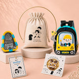2 Pcs Dumper Backpack & Blue Triangle Stainless Steel Lunch Box Rakhi Gift Combo for Kids with Free Rakhi & Jute drawstring Bag