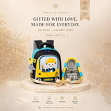 2 Pcs Dumper Backpack & Blue Triangle Stainless Steel Lunch Box Rakhi Gift Combo for Kids with Free Rakhi & Jute drawstring Bag