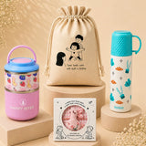 2 Pcs Blue Checks Water Bottle & Fruity Double Decker Lunch Box Rakhi Gift Combo for Kids with Free Rakhi & Jute drawstring bag.