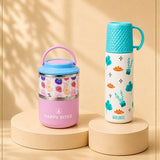 2 Pcs Blue Checks Water Bottle & Fruity Double Decker Lunch Box Rakhi Gift Combo for Kids with Free Rakhi & Jute drawstring bag.