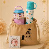 2 Pcs Blue Checks Water Bottle & Fruity Double Decker Lunch Box Rakhi Gift Combo for Kids with Free Rakhi & Jute drawstring bag.