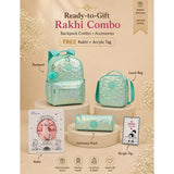 3 Pcs Shiny Mint Star Matching Backpack, Lunch Bag and Stationery Pouch Rakhi Gift Combo for Kids with Free Rakhi