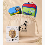 2 Pcs Blue Happy Bites Lunch Box & Plane Lunch Bag Rakhi Gift Combo for Kids with Free Rakhi & Jute drawstring bag.