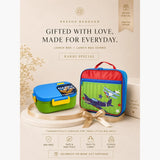 2 Pcs Blue Happy Bites Lunch Box & Plane Lunch Bag Rakhi Gift Combo for Kids with Free Rakhi & Jute drawstring bag.