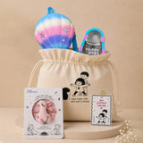 2 Pcs Shell Backpack & Pink-Blue Triangle Lunch Box Rakhi Gift Combo for Kids with Free Rakhi & Jute drawstring bag.