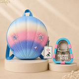 2 Pcs Shell Backpack & Pink-Blue Triangle Lunch Box Rakhi Gift Combo for Kids with Free Rakhi & Jute drawstring bag.