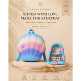 2 Pcs Shell Backpack & Pink-Blue Triangle Lunch Box Rakhi Gift Combo for Kids with Free Rakhi & Jute drawstring bag.