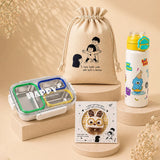 2 Pcs Buddy Water Bottle & Green Stainless Steel Lunch Box Rakhi Gift Combo for Kids with Free Rakhi & Jute drawstring bag.