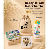 2 Pcs Buddy Water Bottle & Green Stainless Steel Lunch Box Rakhi Gift Combo for Kids with Free Rakhi & Jute drawstring bag.
