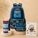3 Pcs Monster Truck Backpack, Lunch Bag & Blue Checks Water Bottle with Rakhi Gift Combo for Kids with Free Rakhi