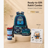 3 Pcs Monster Truck Backpack, Lunch Bag & Blue Checks Water Bottle with Rakhi Gift Combo for Kids with Free Rakhi