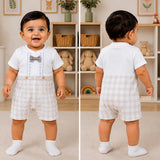 Beige Checkered Bow Tie Romper for Tiny Toddlers