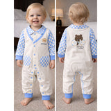 Blue Checks Collar, Full Sleeves Jumpsuit Romper for Tiny Toddlers