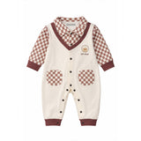 Brown Checks Collar, Full Sleeves Jumpsuit Romper for Tiny Toddlers