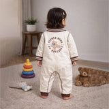 Brown Striped Collar, Full Sleeves Jumpsuit Romper for Tiny Toddlers