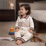 Brown Striped Collar, Full Sleeves Jumpsuit Romper for Tiny Toddlers