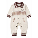 Brown Striped Collar, Full Sleeves Jumpsuit Romper for Tiny Toddlers