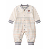 Grey and Cream Sailor Collar Brave Bear Full Sleeves Jumpsuit Romper for Tiny Toddlers