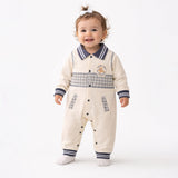 Grey Striped Collar, Full Sleeves Jumpsuit Romper for Tiny Toddlers
