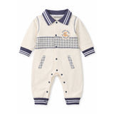 Grey Striped Collar, Full Sleeves Jumpsuit Romper for Tiny Toddlers