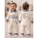 Grey Striped Collar, Full Sleeves Jumpsuit Romper for Tiny Toddlers
