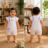 Purple Floral Bunny Suspender-Style Romper for Tiny Toddlers