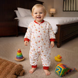 Red Candy Cane and Bear, Full Sleeves Jumpsuit Romper for Tiny Toddlers