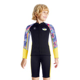 Dive 2-Piece set Black & Yellow Stamps Front-Zip Jacket Printed with Knee Length Shorts, 2.5mm Neoprene Kids Swimsuit with Free Washbag