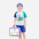 2 Pcs T-Shirt & Shorts Blue "Groovy" Cartoon Print UPF 50+ Kids Swimwear with Matching Swim Cap With Free Wash Bag