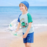 2 Pcs T-Shirt & Shorts Blue "Groovy" Cartoon Print UPF 50+ Kids Swimwear with Matching Swim Cap With Free Wash Bag
