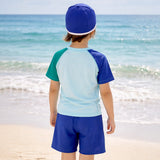 2 Pcs T-Shirt & Shorts Blue "Groovy" Cartoon Print UPF 50+ Kids Swimwear with Matching Swim Cap With Free Wash Bag