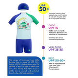 2 Pcs T-Shirt & Shorts Blue "Groovy" Cartoon Print UPF 50+ Kids Swimwear with Matching Swim Cap With Free Wash Bag