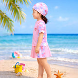 2 Pcs Top & Skort Set Peach Pink Tie-Dye Side Panel UPF 50+ Swimwear with Matching Swim Cap for Girls With Free Wash Bag