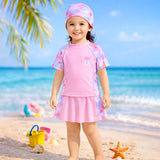 2 Pcs Top & Skort Set Peach Pink Tie-Dye Side Panel UPF 50+ Swimwear with Matching Swim Cap for Girls With Free Wash Bag