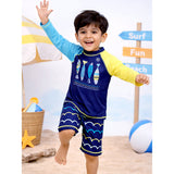 2 Pcs 4 Fishes Blue & Yellow T-shirt & Shorts Set, Toddlers & Kids Swimwear with Free Wash Bag & Free Swim Detergent