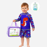 2 Pcs Blue Red Dino, T-shirt & Shorts Set, Toddlers & Kids Swimwear with Free Wash Bag & Free Swim Detergent