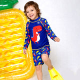 2 Pcs Blue Red Dino, T-shirt & Shorts Set, Toddlers & Kids Swimwear with Free Wash Bag & Free Swim Detergent