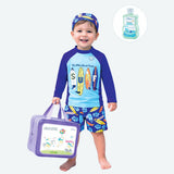 2 Pcs Blue Surf, T-shirt & Shorts Set, Toddlers & Kids Swimwear with matching Swim Cap, plus Free Wash Bag & Free Swim Detergent